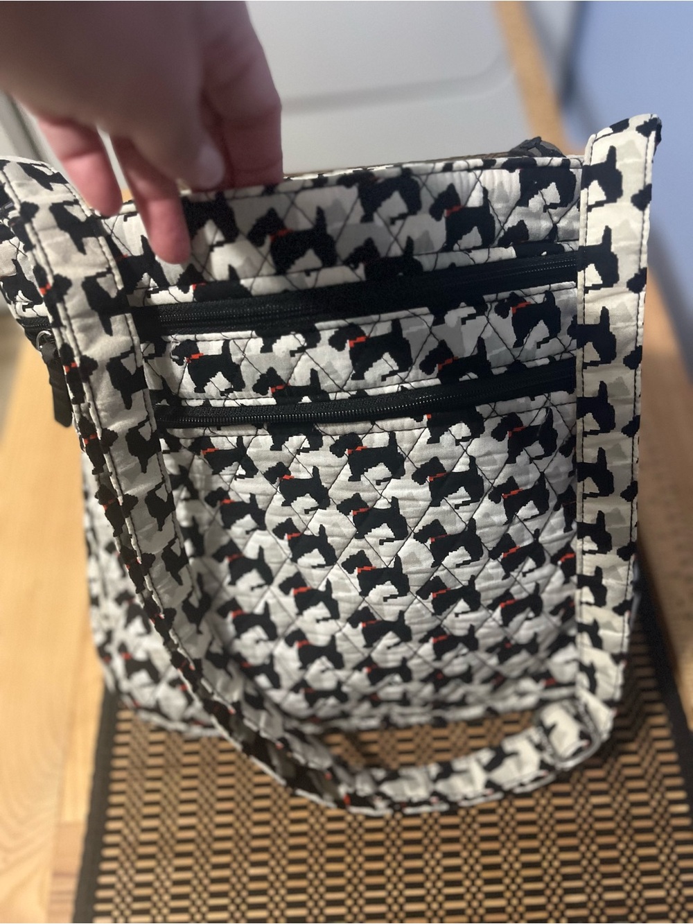 Quilted Crossbody Tote with Dog Pattern - Black & White with Red Accents